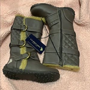 Brown and tan tall boots